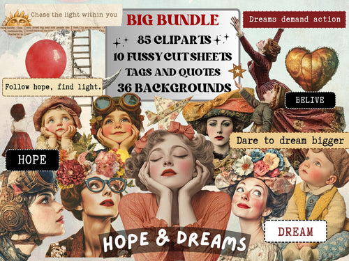 Hope & Dreams Collage Elements, Whimsical Ephemera Fussy Cut, Inspirational Tags and Quotes, Dreamer Feelings Scrapbook, Surreal Background
