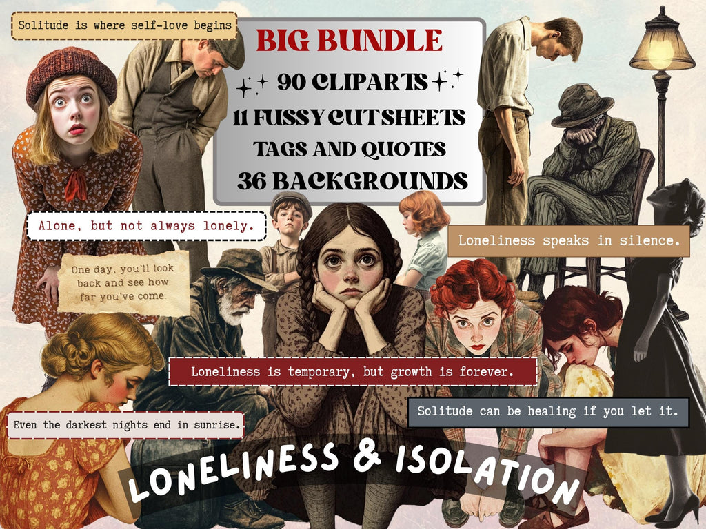 Loneliness & Isolation Collage Elements, Whimsical Ephemera Fussy Cut, Inspirational Tags and Quotes, Feelings Scrapbook, Surreal Background