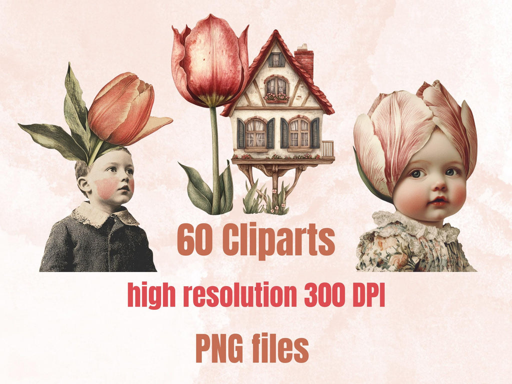 Dance of Tulips Collage Elements, Whimsical Surreal Spring Fussy Cut, Quirky Floral Blooming Clipart, Tulip Junk Journal, Clipart Background