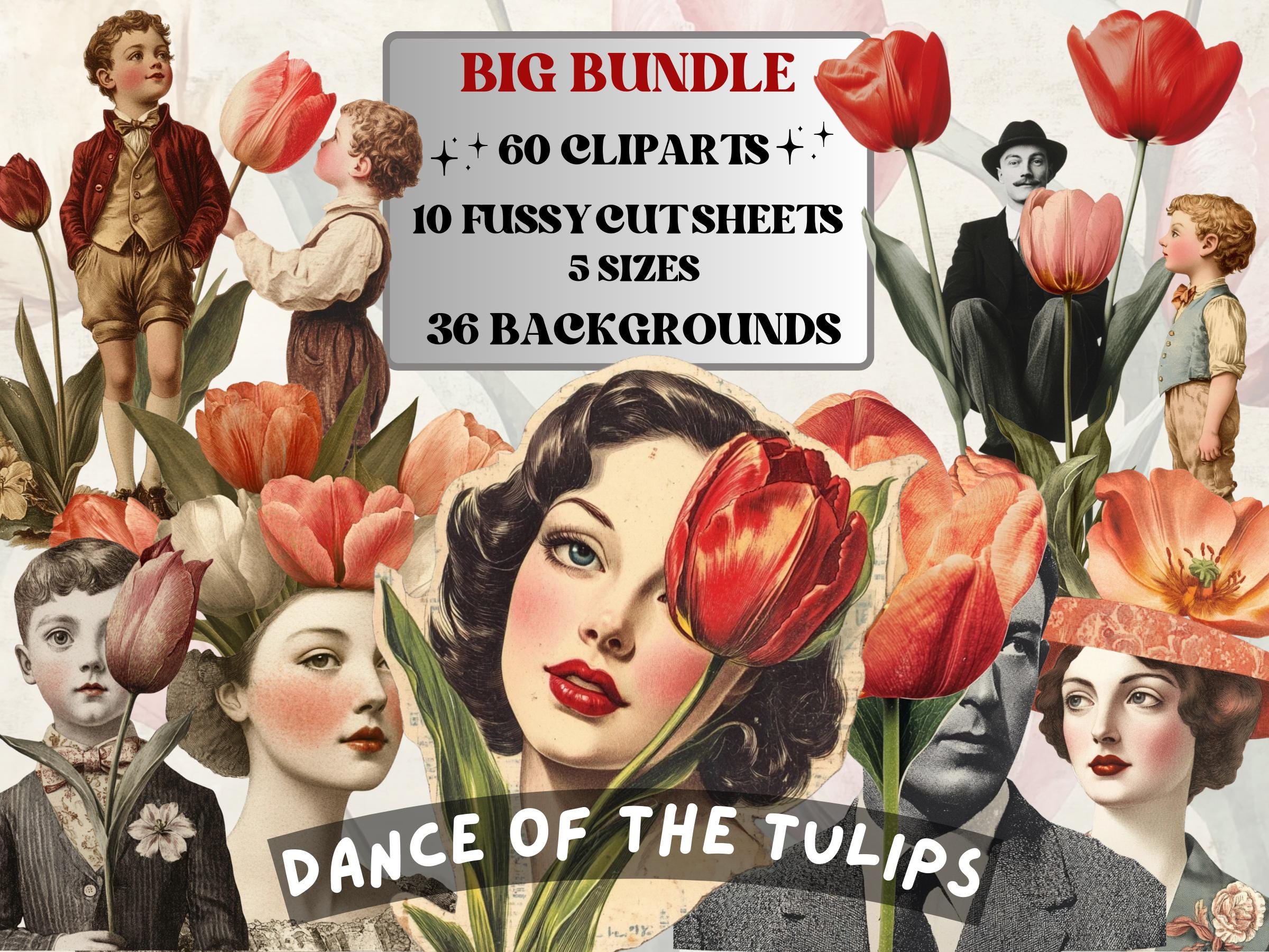 Dance of Tulips Collage Elements, Whimsical Surreal Spring Fussy Cut, Quirky Floral Blooming Clipart, Tulip Junk Journal, Clipart Background