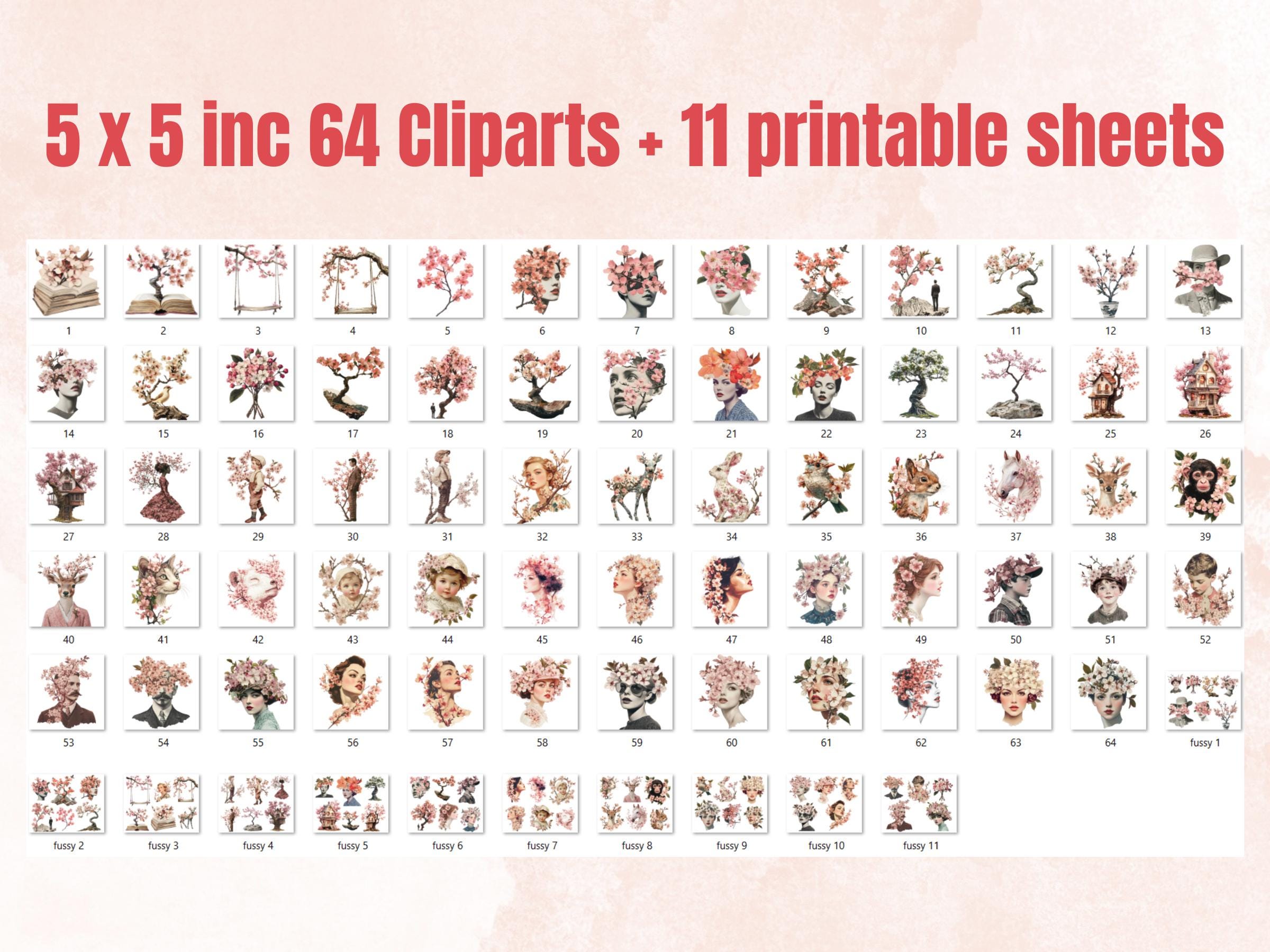 Sakura Whispers Collage Elements, Whimsical Surreal Spring Fussy Cut, Quirky Blooming Clipart, Cherry Blossom Journal, Clipart Background