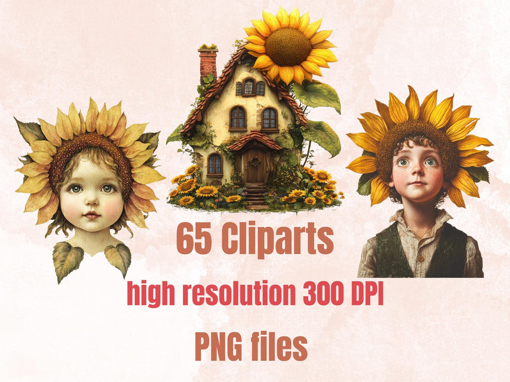 Fields of Sunshine Collage Elements, Whimsical Surreal Spring Fussy Cut, Quirky Sun Blooming Clipart, Sunflower Journal, Clipart Background