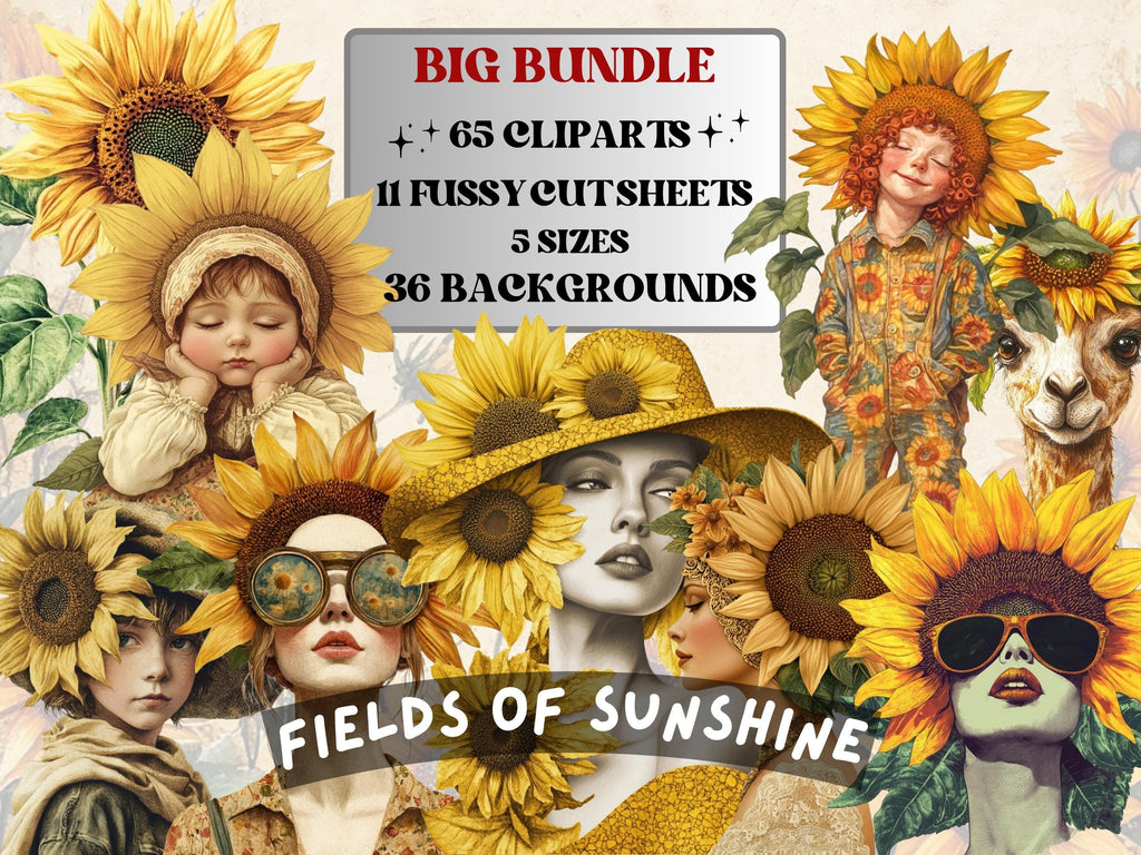 Fields of Sunshine Collage Elements, Whimsical Surreal Spring Fussy Cut, Quirky Sun Blooming Clipart, Sunflower Journal, Clipart Background