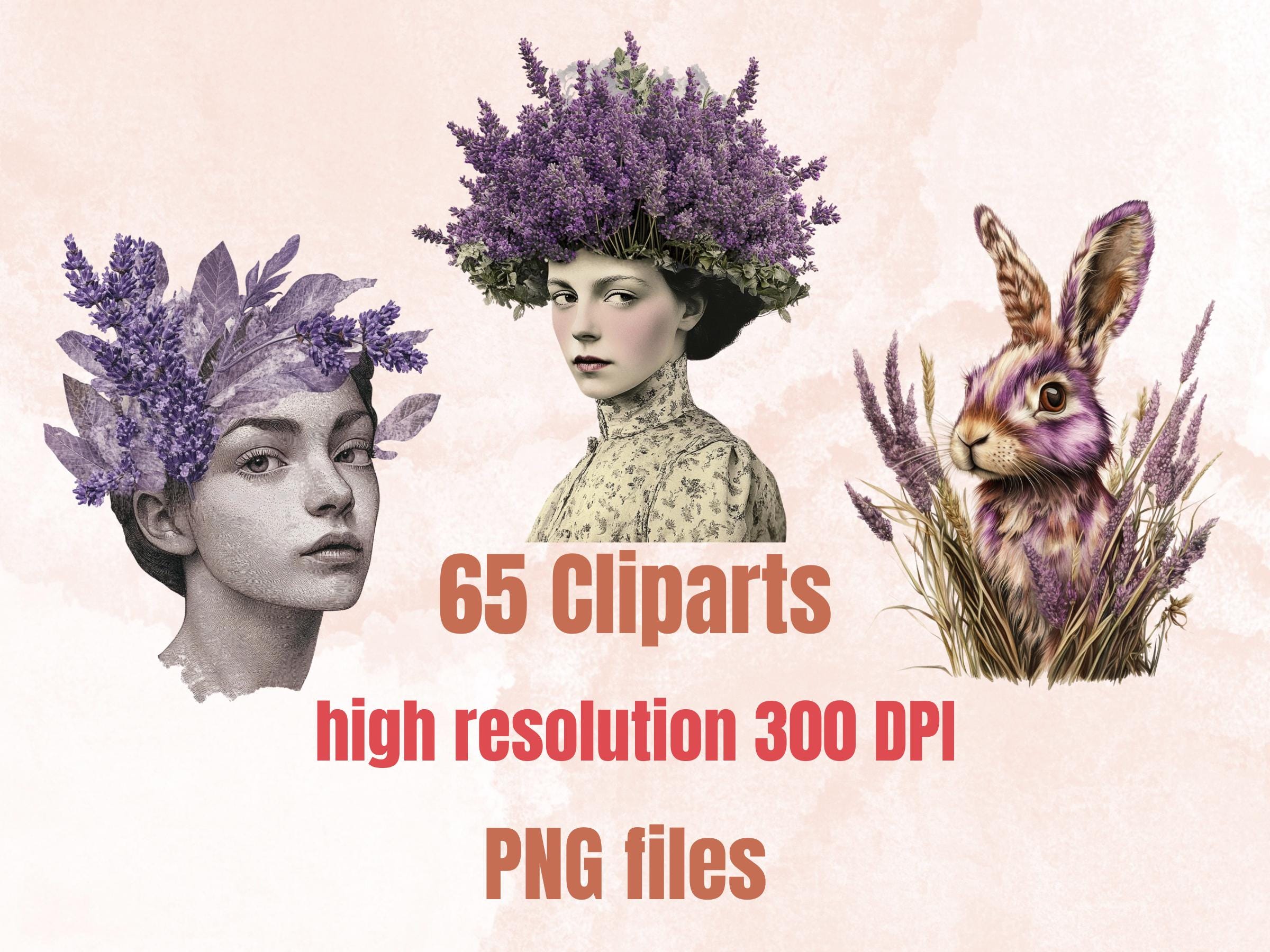 Mystic Lavender Garden Collage Elements, Whimsical Surreal Spring Fussy Cut, Quirky Blooming Clipart, Lavender Journal, Clipart Background