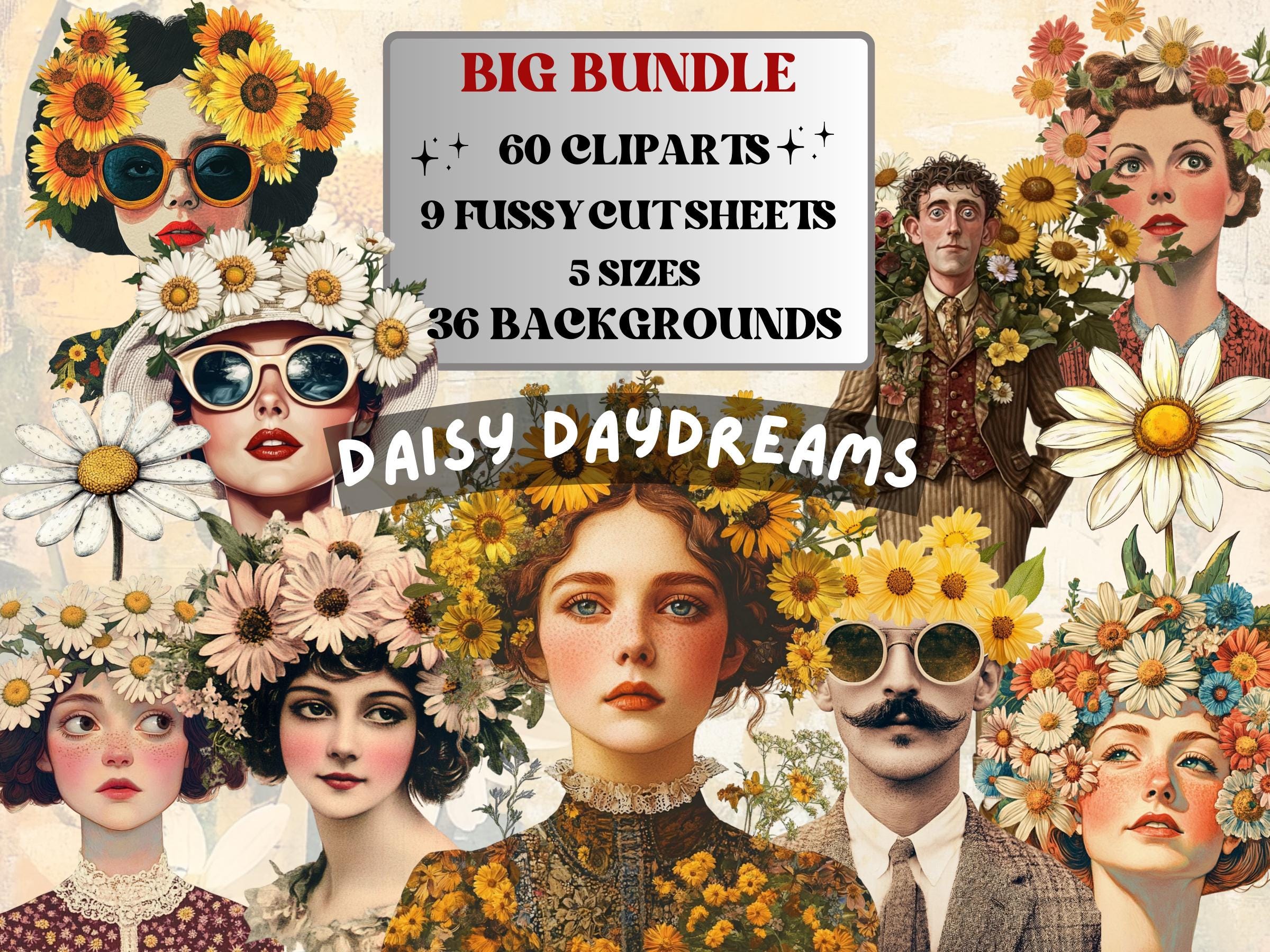 Daisy Daydreams Collage Elements, Whimsical Surreal Spring Fussy Cut, Quirky Floral Blooming Clipart, Daisy Junk Journal, Clipart Background