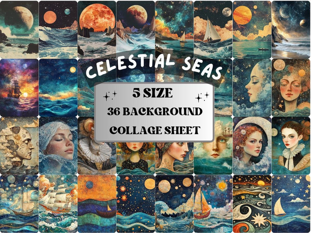 Whimsy Celestial Seas Collage Paper, Vintage Surreal Mixed Media Sheet, Whimsical Sky Ephemera Image, Sea Junk Journal, Scrapbook Paper