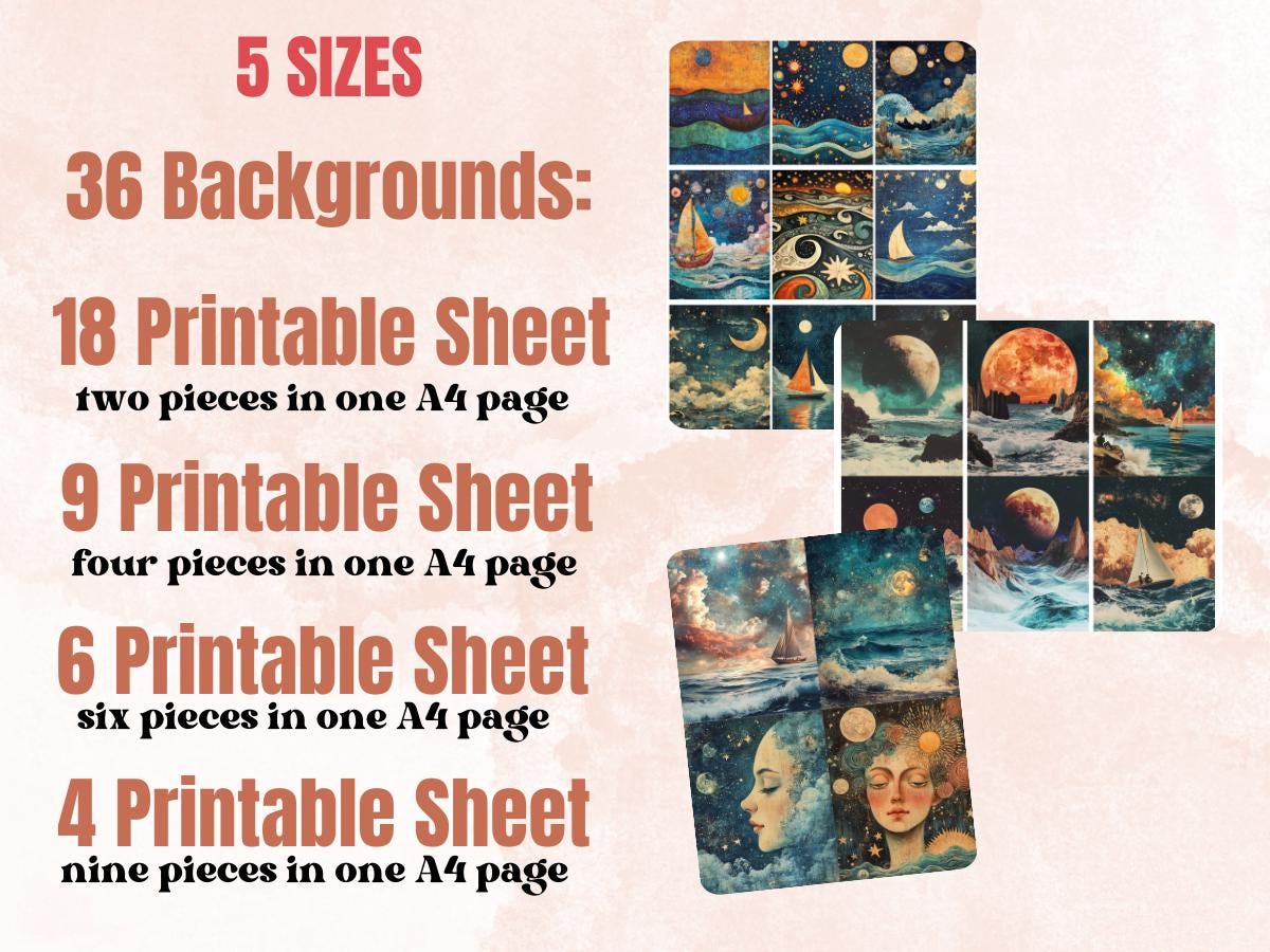 Whimsy Celestial Seas Collage Paper, Vintage Surreal Mixed Media Sheet, Whimsical Sky Ephemera Image, Sea Junk Journal, Scrapbook Paper