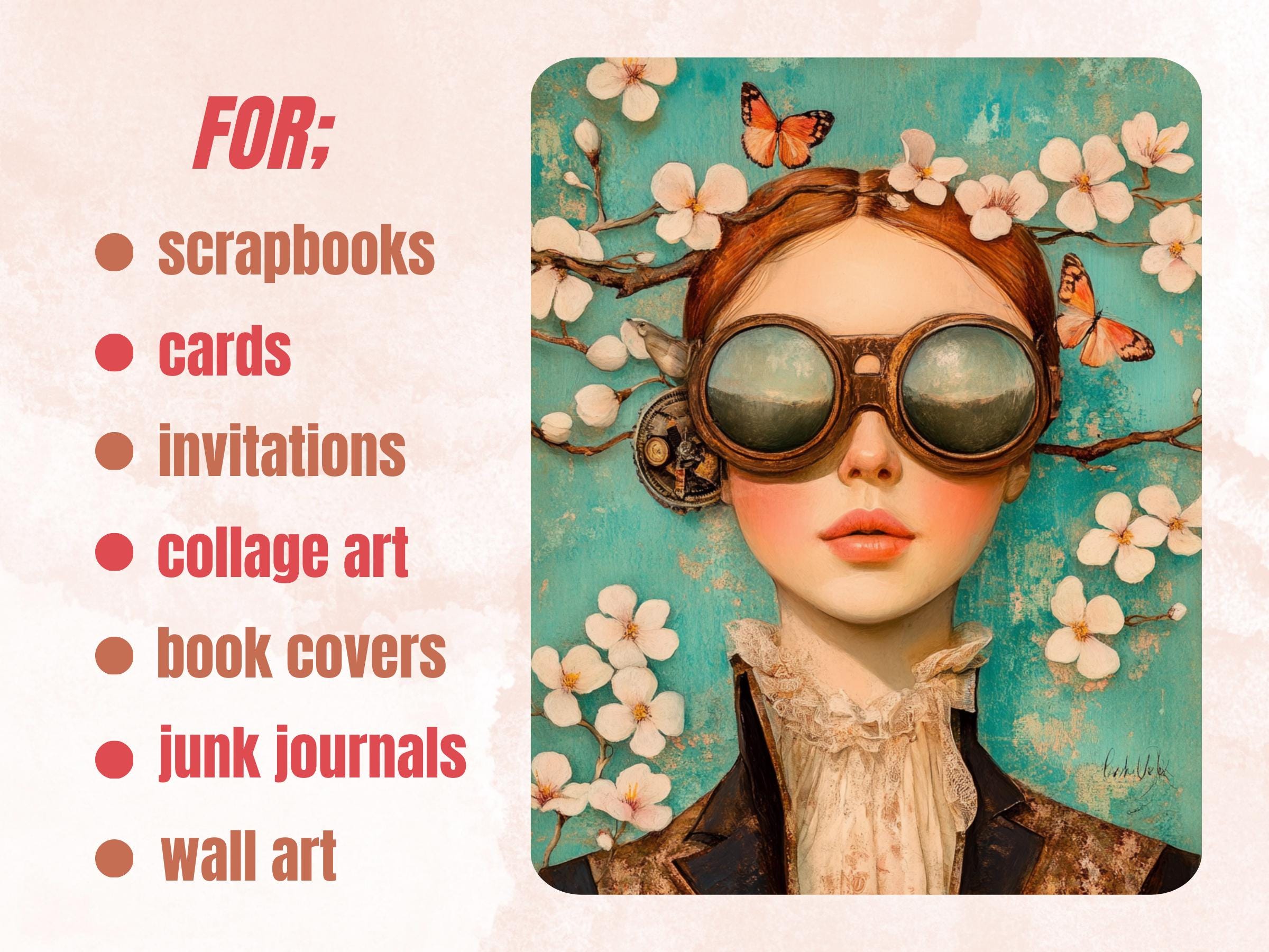 Steampunk Spring Collage Paper, Surreal Steampunk Mixed Media Sheet, Floral Whimsy Ephemera Images, Quirky Journal, Spring Scrapbook Paper