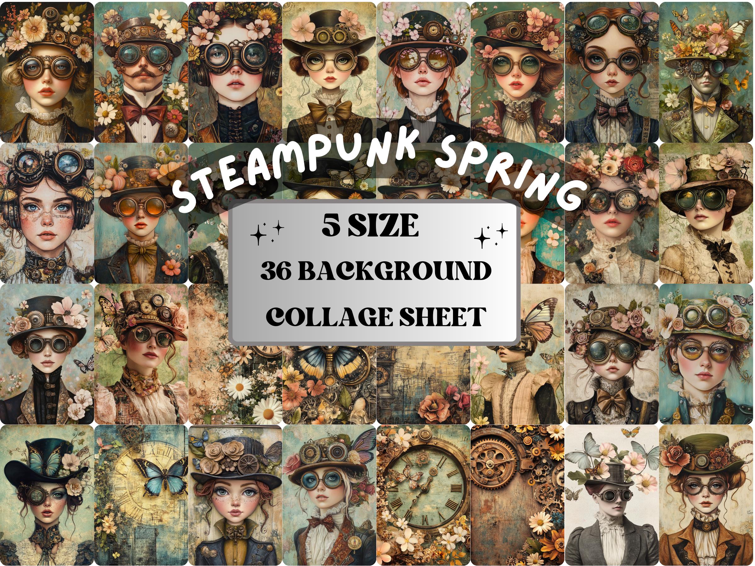 Steampunk Spring Collage Paper, Surreal Steampunk Mixed Media Sheet, Floral Whimsy Ephemera Images, Quirky Journal, Spring Scrapbook Paper