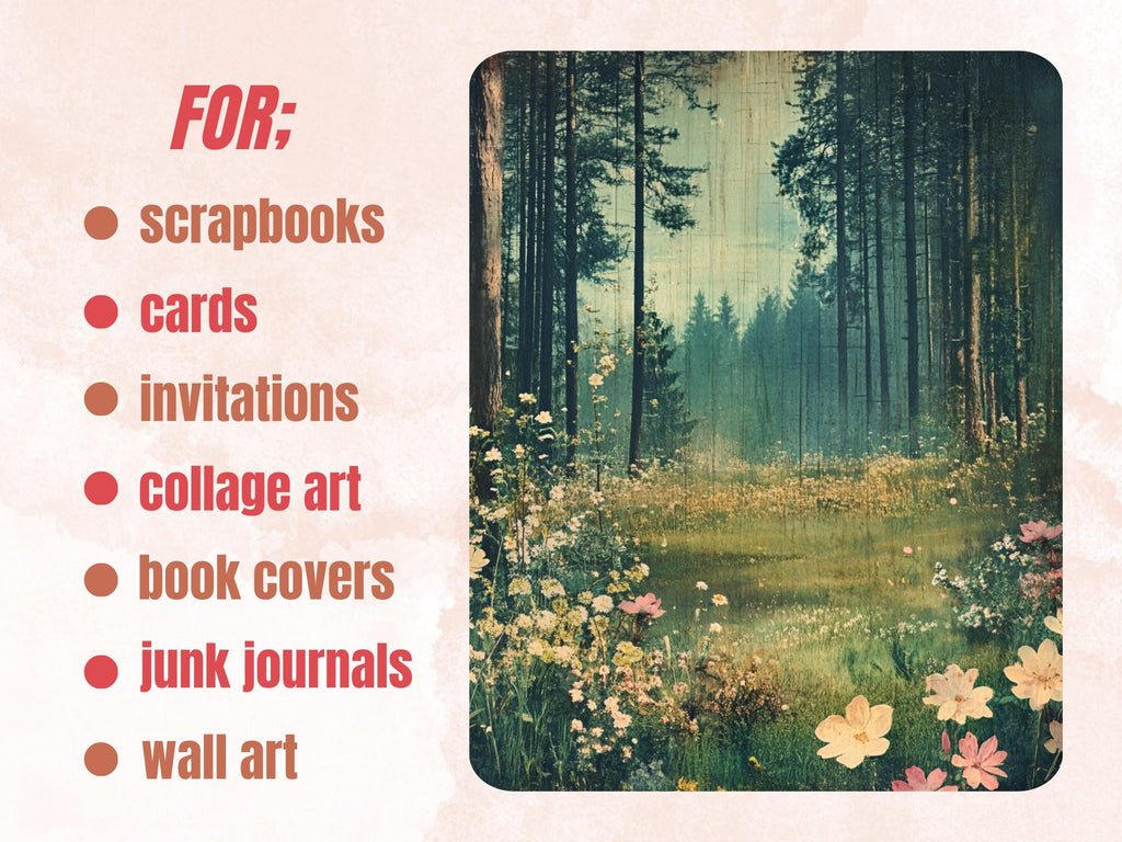 Spring Forest Collage Paper, Surreal Woodland Mixed Media Sheet, Whimsical Ephemera Images, Quirky Journal, Spring Forest Scrapbook Paper