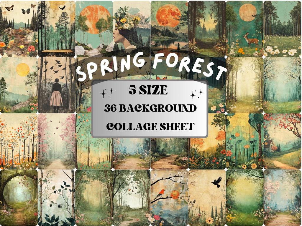 Spring Forest Collage Paper, Surreal Woodland Mixed Media Sheet, Whimsical Ephemera Images, Quirky Journal, Spring Forest Scrapbook Paper