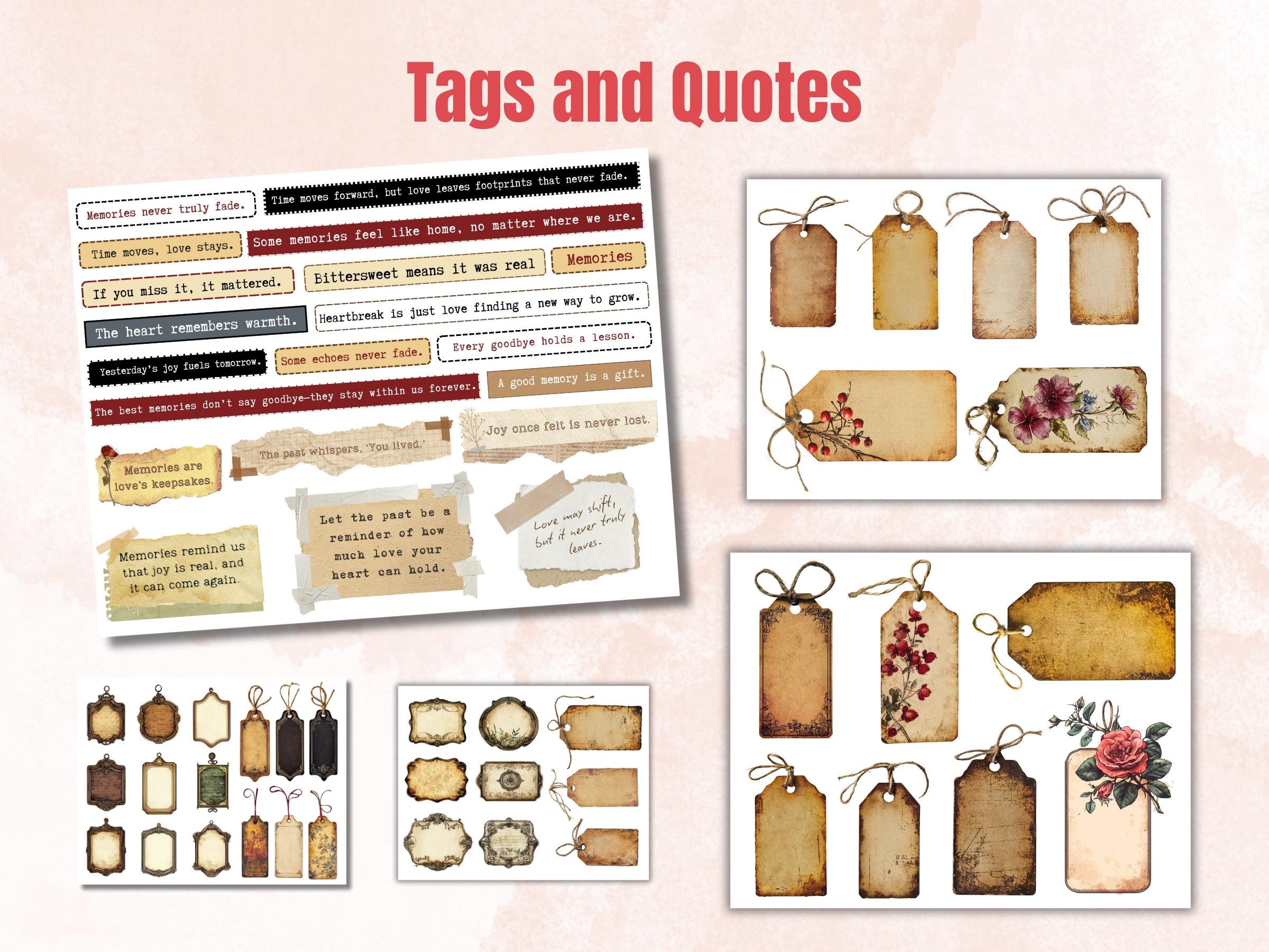 Bittersweet Memories Collage Pack, Whimsical Ephemera Fussy Cut, Inspirational Tags and Quotes, Nostalgia Scrapbook, Surreal Background