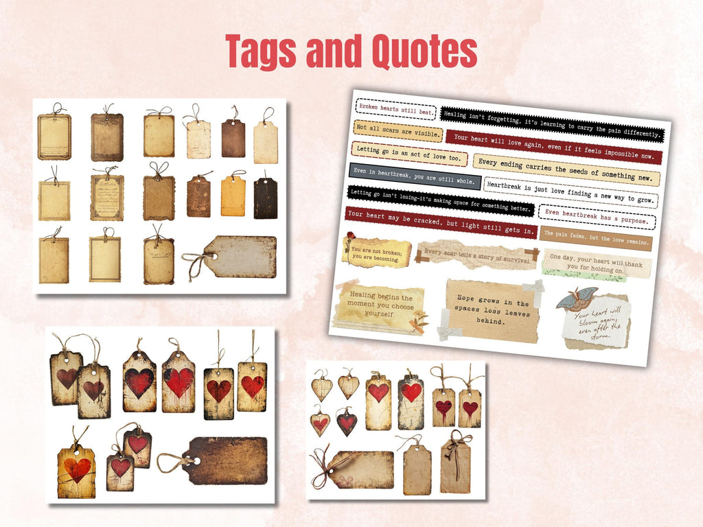 Heartbreak & Loss Collage Pack, Whimsical Ephemera Fussy Cut, Inspirational Tags and Quotes, Feeling Scrapbook, Surreal Journal Background