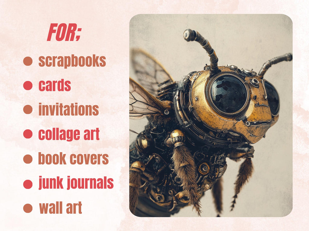 Steampunk Honey Bee Collage Paper, Surreal Steampunk Mixed Media Sheet, Whimsy Bee Ephemera Images, Quirky Journal, Spring Scrapbook Paper