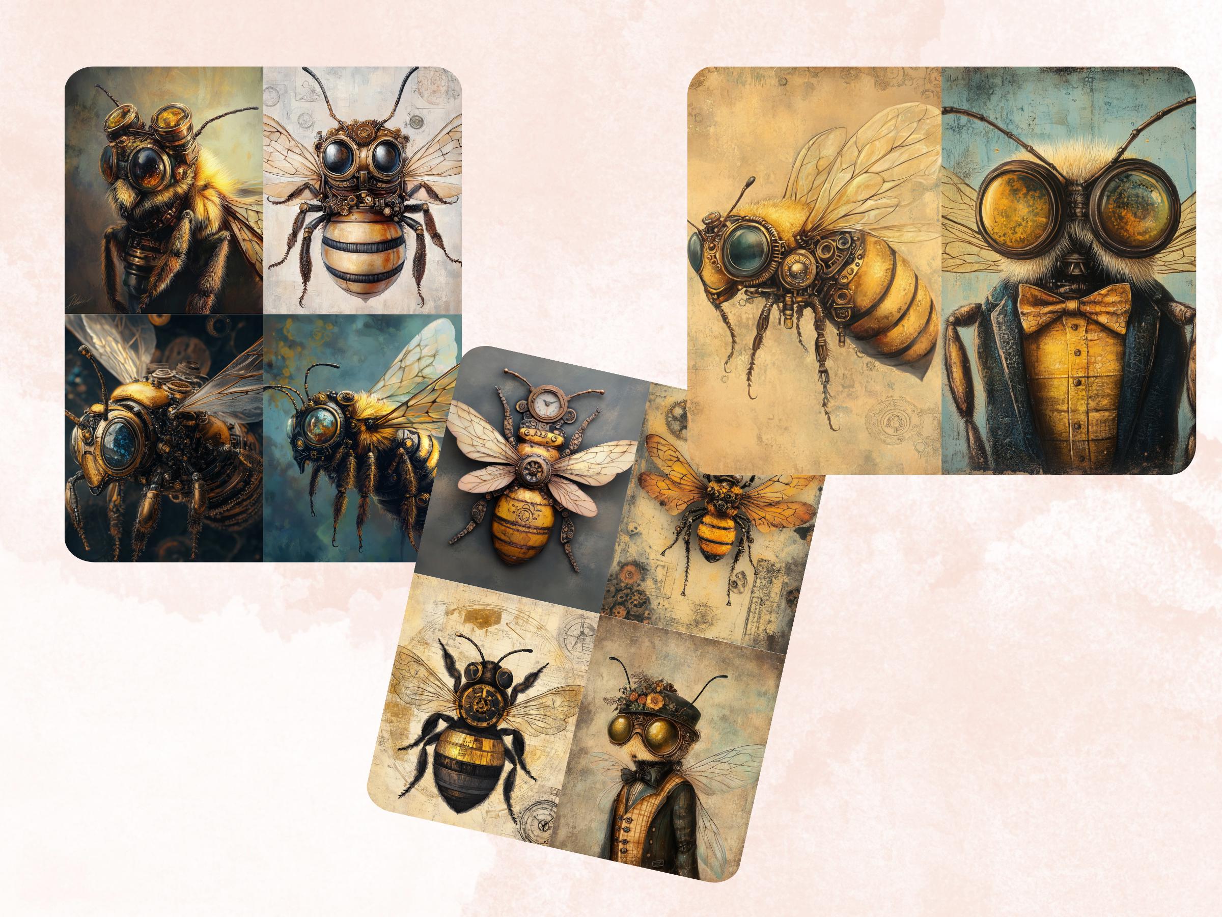 Steampunk Honey Bee Collage Paper, Surreal Steampunk Mixed Media Sheet, Whimsy Bee Ephemera Images, Quirky Journal, Spring Scrapbook Paper