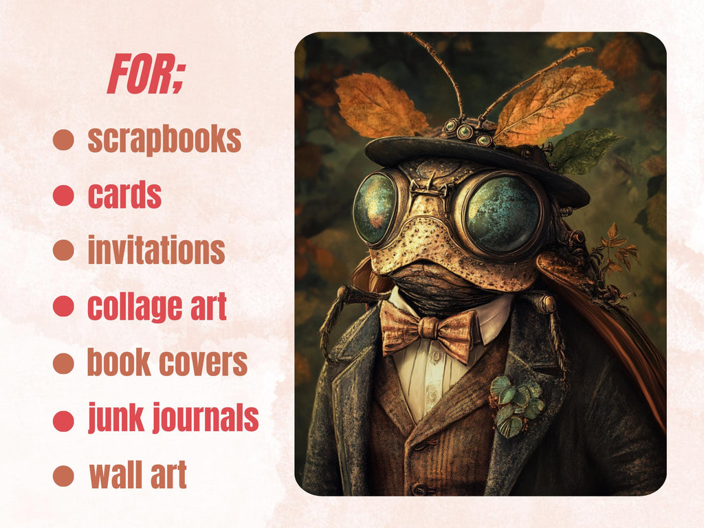 Steampunk Bug Collage Paper, Surreal Steampunk Insect Mixed Media Art, Whimsy Bugs Ephemera Images, Quirky Journal, Specimen Scrapbook Paper