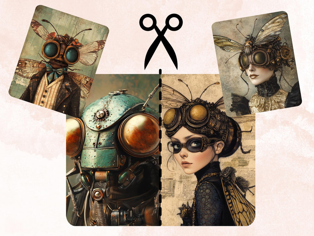 Steampunk Bug Collage Paper, Surreal Steampunk Insect Mixed Media Art, Whimsy Bugs Ephemera Images, Quirky Journal, Specimen Scrapbook Paper