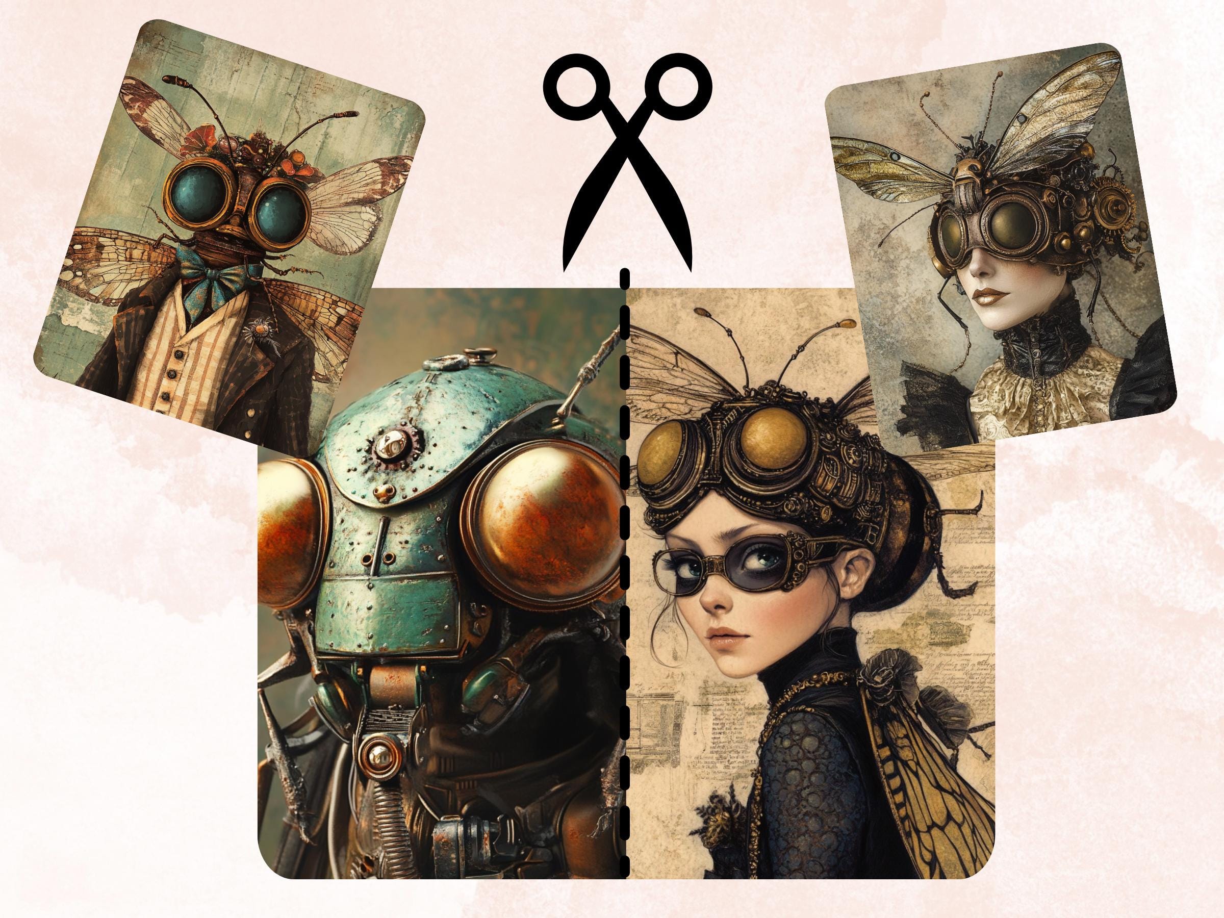 Steampunk Bug Collage Paper, Surreal Steampunk Insect Mixed Media Art, Whimsy Bugs Ephemera Images, Quirky Journal, Specimen Scrapbook Paper