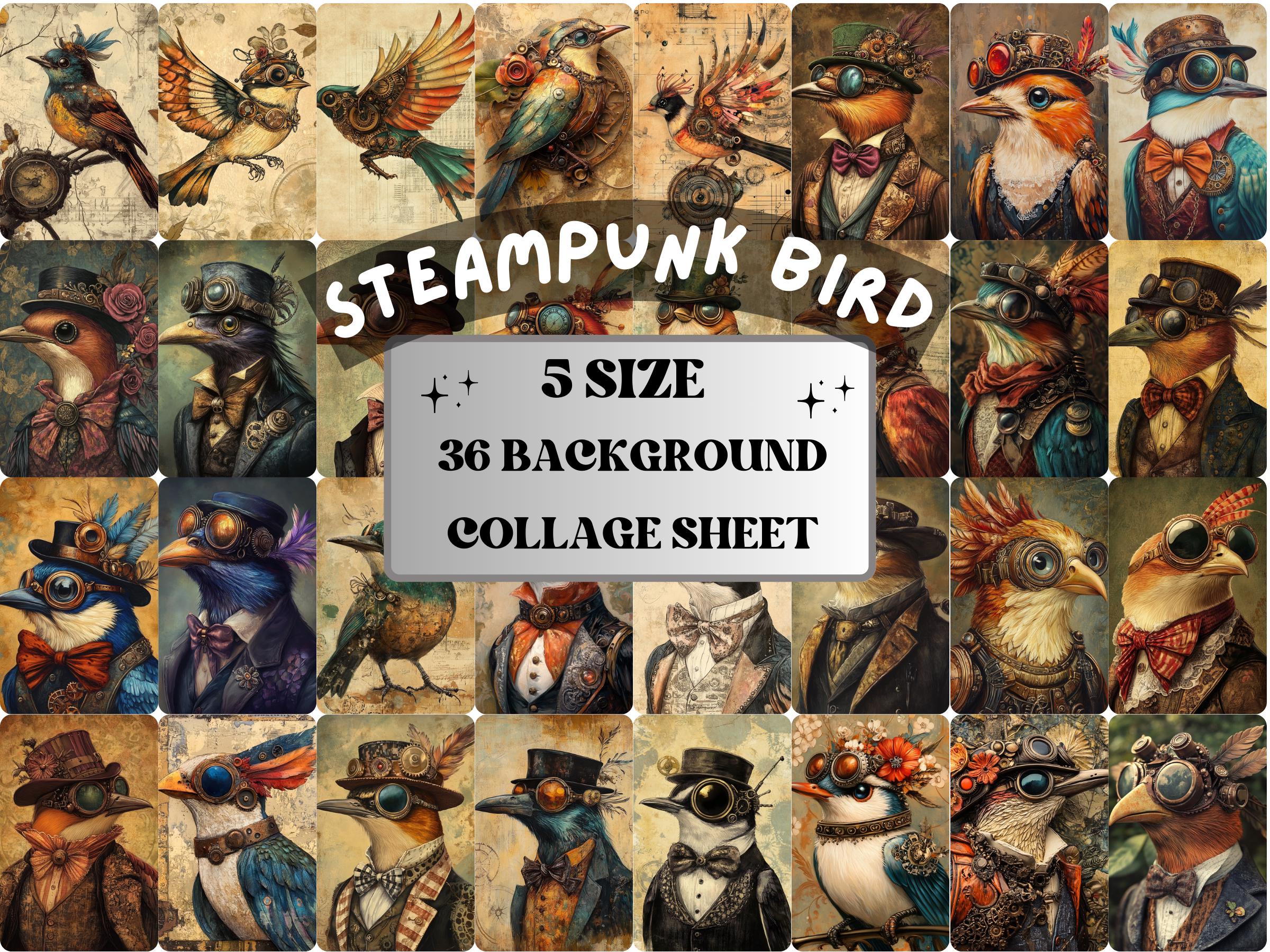Steampunk Bird Collage Paper, Surreal Steampunk Crow Mixed Media Art, Whimsy Birds Ephemera Images, Quirky Journal, Specimen Scrapbook Paper