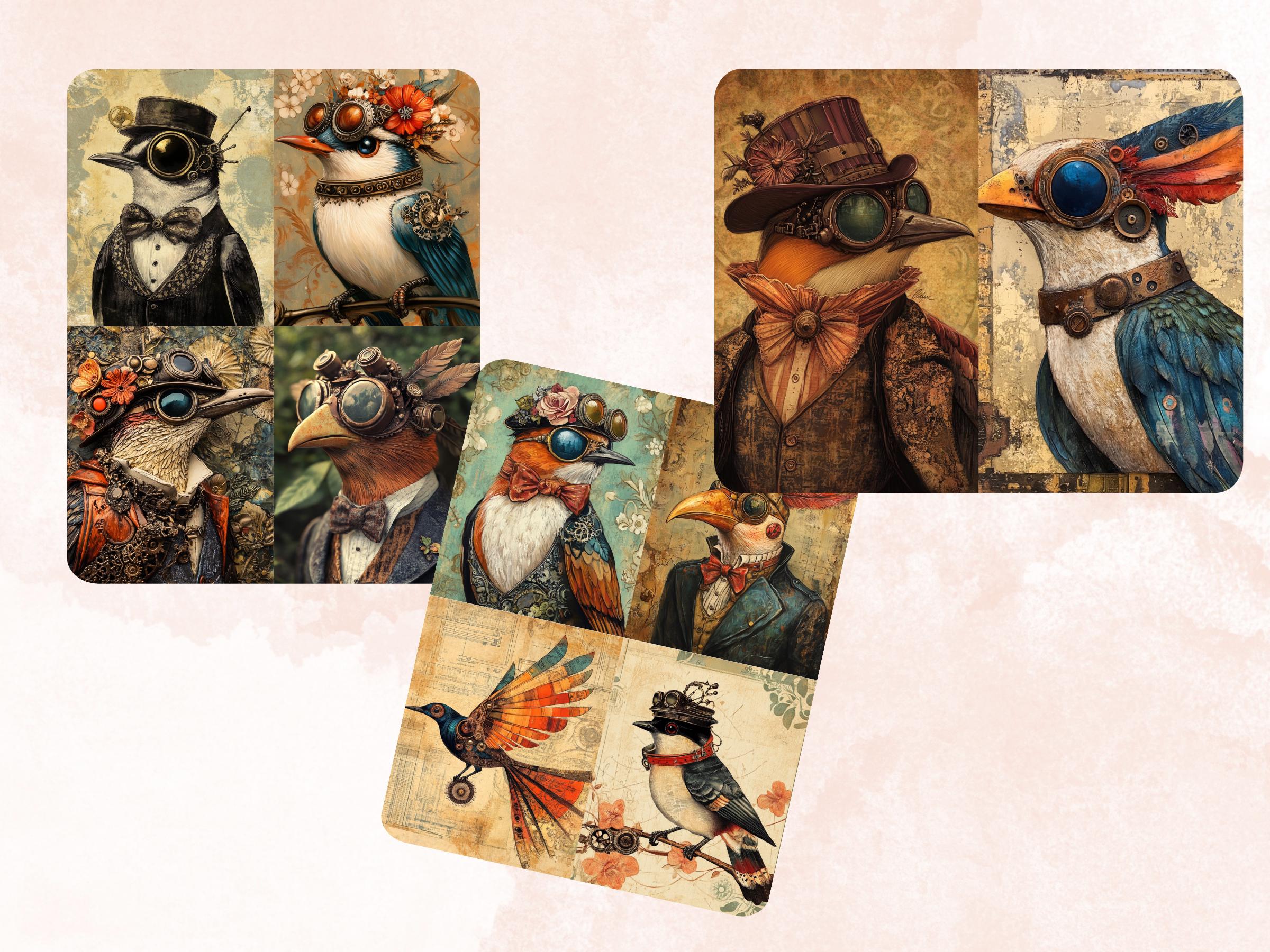Steampunk Bird Collage Paper, Surreal Steampunk Crow Mixed Media Art, Whimsy Birds Ephemera Images, Quirky Journal, Specimen Scrapbook Paper