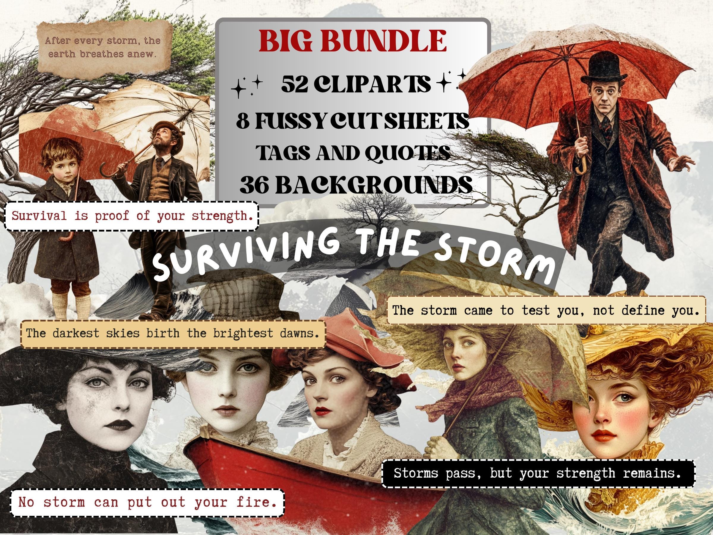Surviving the Storm Collage Pack, Whimsical Ephemera Fussy Cut, Inspirational Tags and Quotes, Feelings Scrapbook, Surreal Art Background