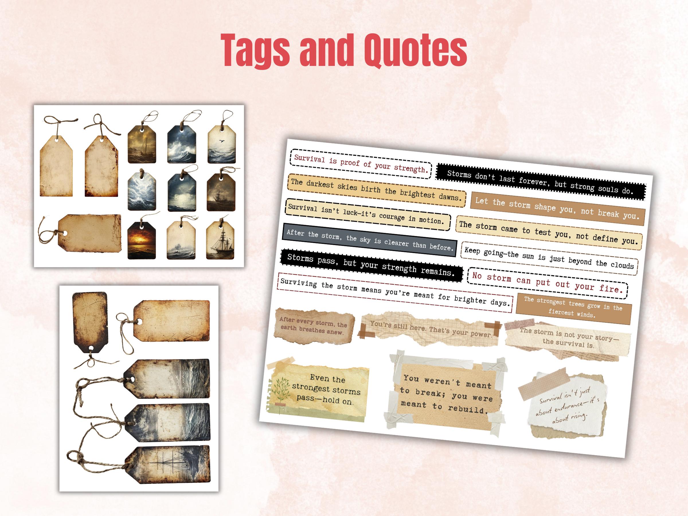 Surviving the Storm Collage Pack, Whimsical Ephemera Fussy Cut, Inspirational Tags and Quotes, Feelings Scrapbook, Surreal Art Background