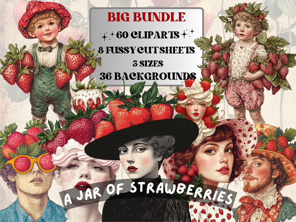 A Jar Of Strawberries Collage Elements, Whimsical Strawberry Fussy Cut, Whimsy Floral Clipart, Summer Junk Journal, Clipart Background