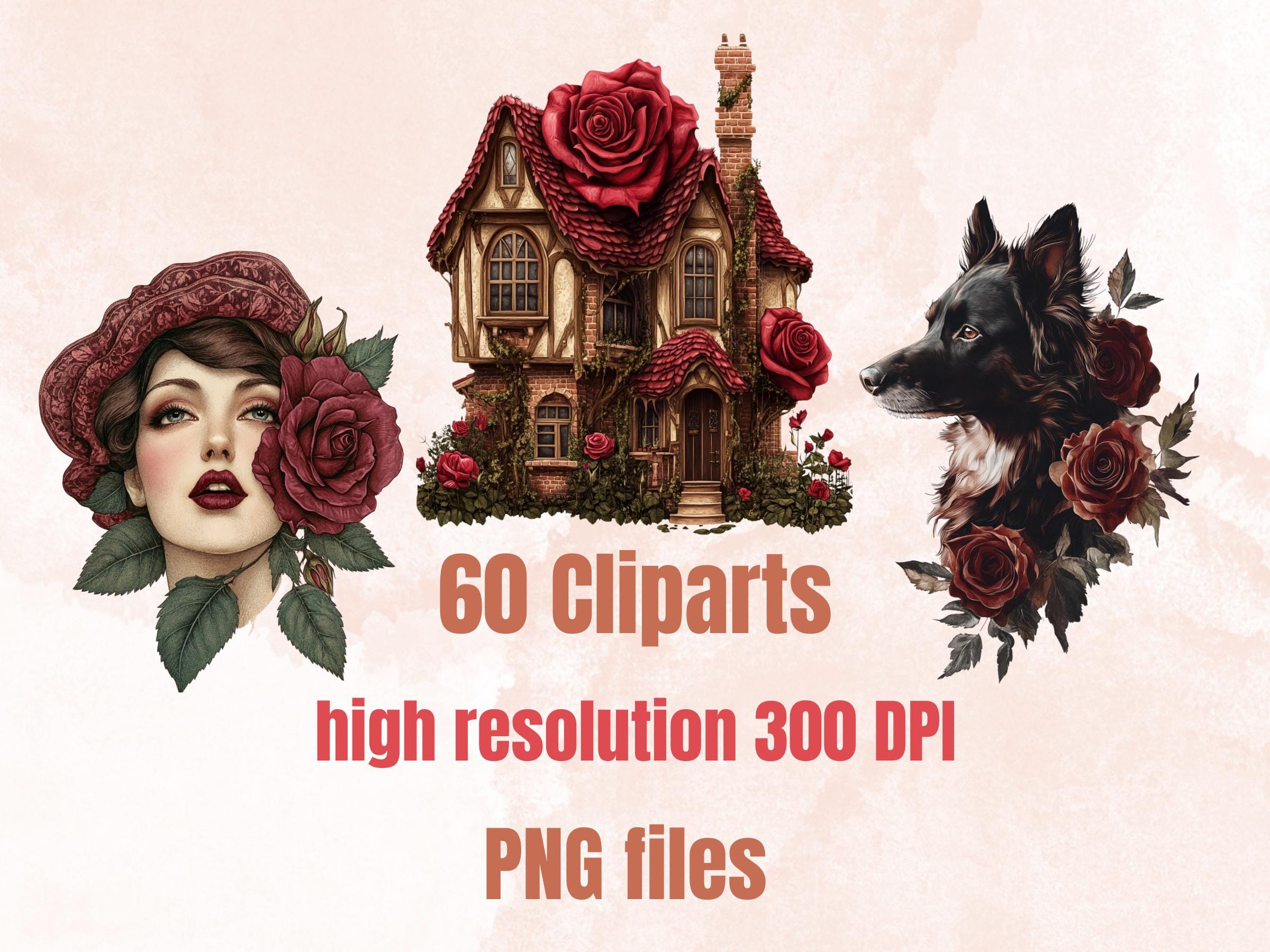 Dark Red Rose Aesthetic Collage Elements, Whimsical Rose Fussy Cut, Whimsy Floral Clipart, Dark Junk Journal, Burgundy Clipart Background
