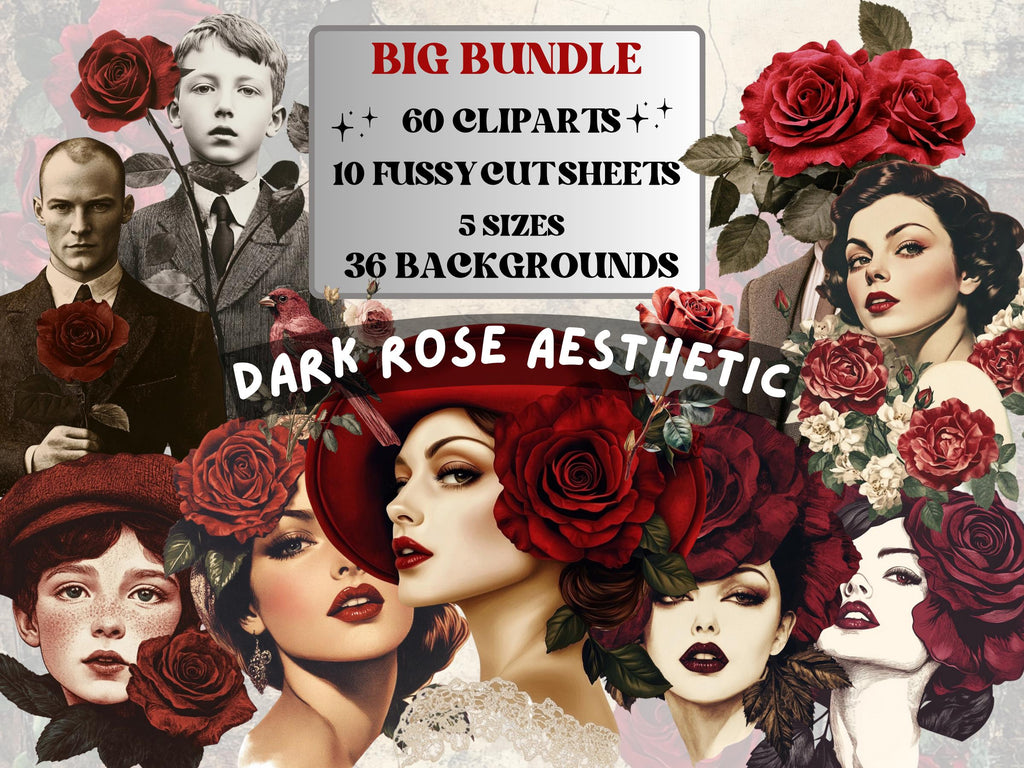 Dark Red Rose Aesthetic Collage Elements, Whimsical Rose Fussy Cut, Whimsy Floral Clipart, Dark Junk Journal, Burgundy Clipart Background