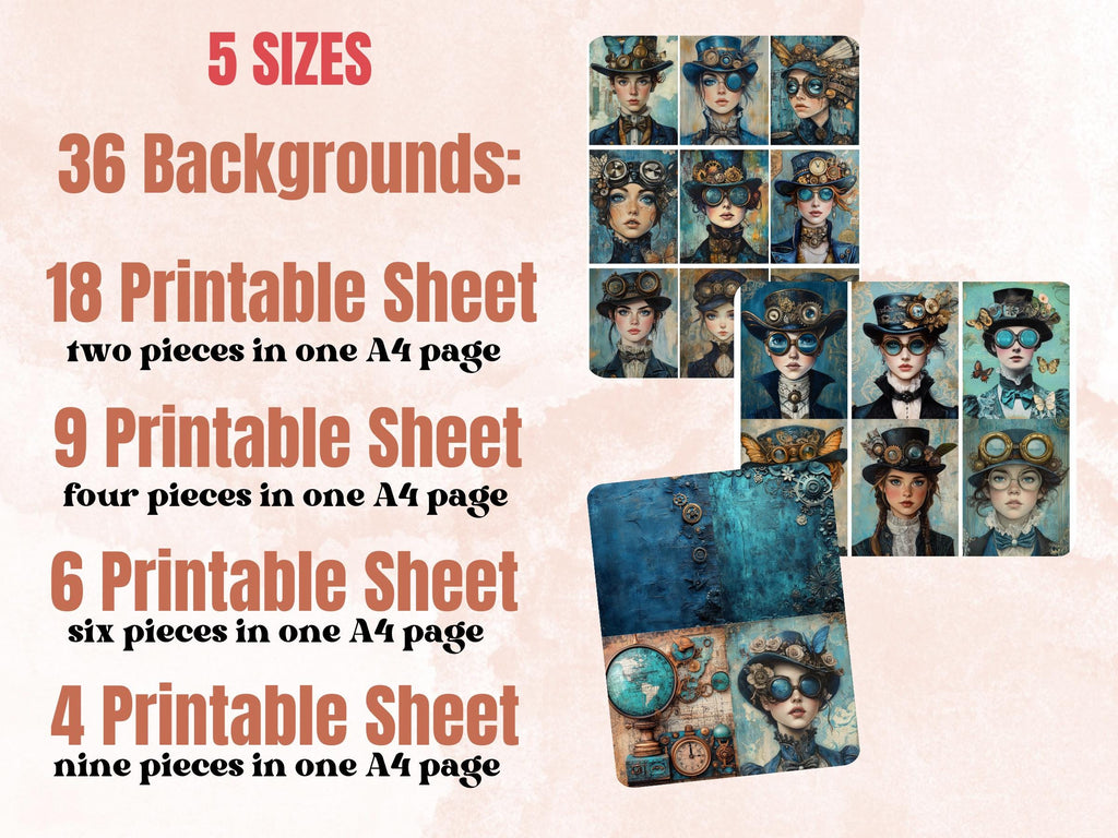Whimsy Blue Steampunk Collage Paper, Surreal Steampunk Mixed Media Sheet, Whimsical Ephemera Images, Quirky Journal, Blue Scrapbook Paper