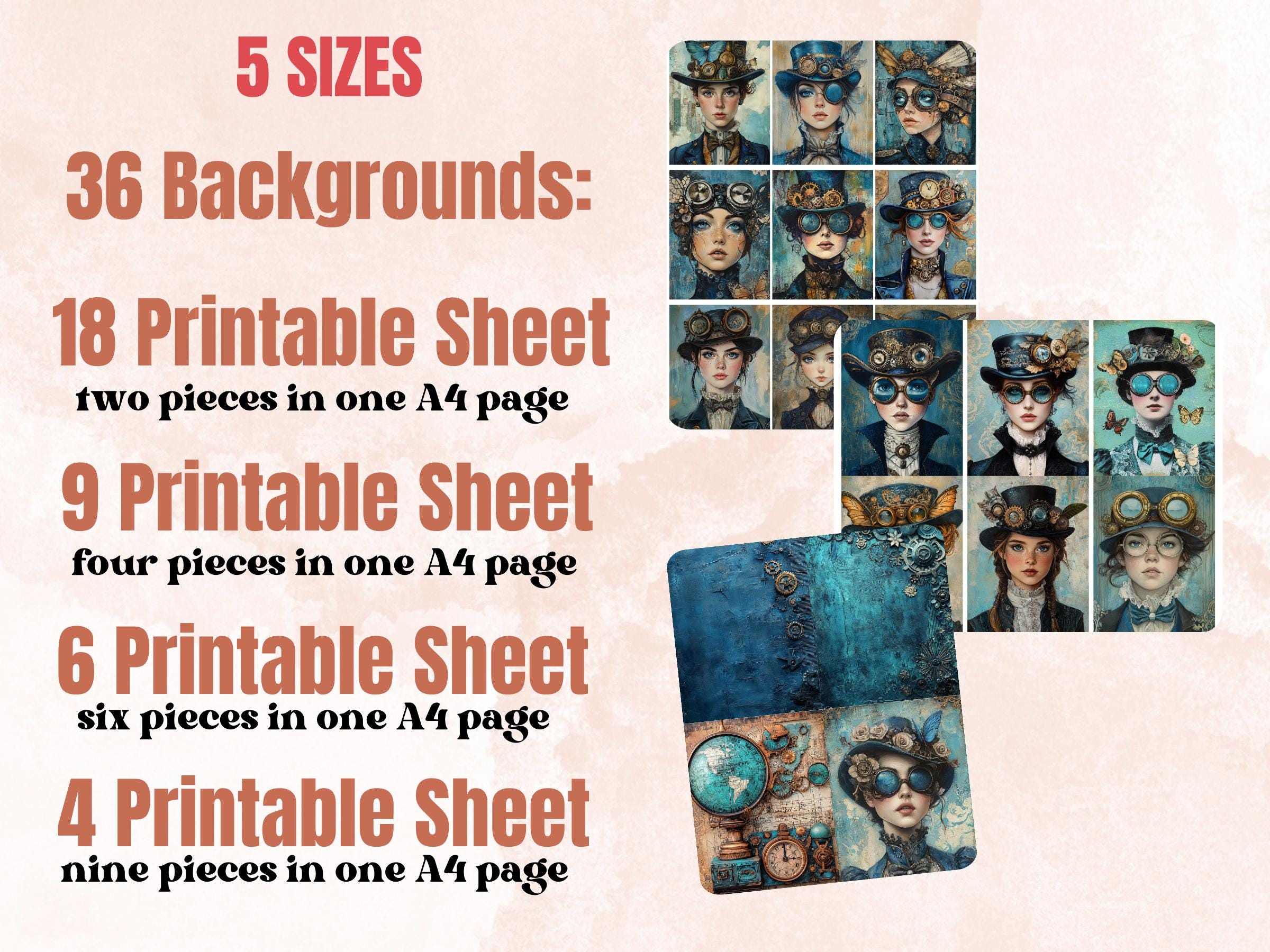 Whimsy Blue Steampunk Collage Paper, Surreal Steampunk Mixed Media Sheet, Whimsical Ephemera Images, Quirky Journal, Blue Scrapbook Paper