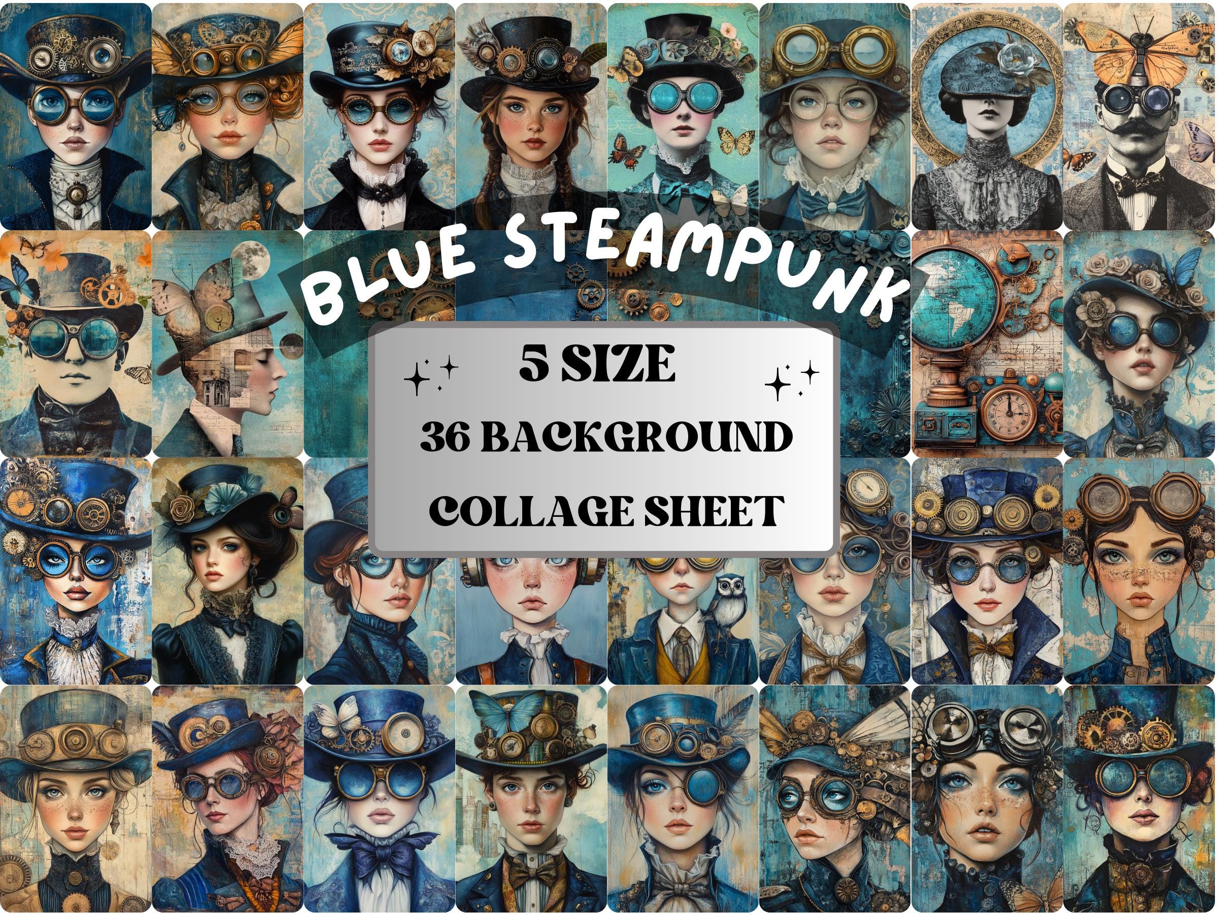 Whimsy Blue Steampunk Collage Paper, Surreal Steampunk Mixed Media Sheet, Whimsical Ephemera Images, Quirky Journal, Blue Scrapbook Paper