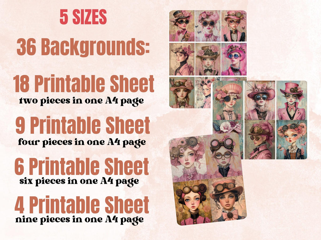 Whimsy Pink Steampunk Collage Paper, Surreal Steampunk Mixed Media Sheet, Whimsical Ephemera Images, Quirky Journal, Pink Scrapbook Paper