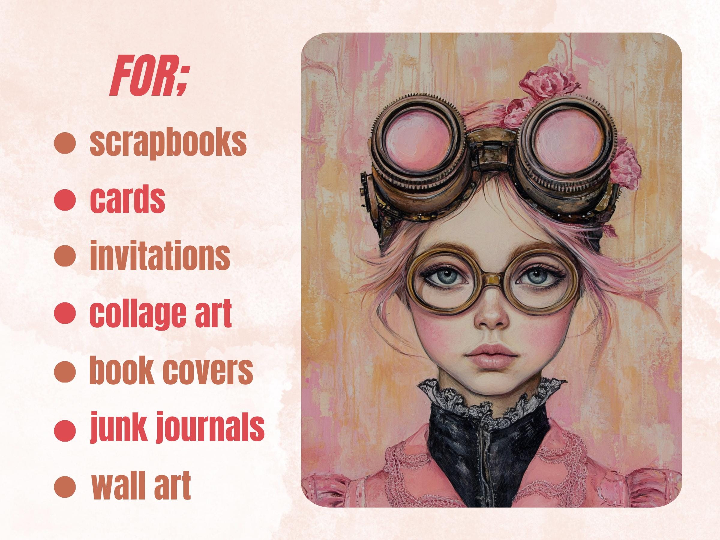Whimsy Pink Steampunk Collage Paper, Surreal Steampunk Mixed Media Sheet, Whimsical Ephemera Images, Quirky Journal, Pink Scrapbook Paper
