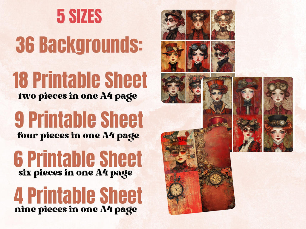 Whimsy Red Steampunk Collage Paper, Surreal Steampunk Mixed Media Sheet, Whimsical Ephemera Images, Quirky Journal, Burgundy Scrapbook Paper