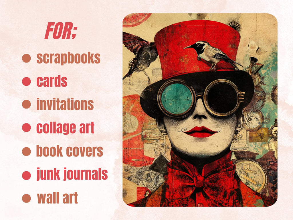 Whimsy Red Steampunk Collage Paper, Surreal Steampunk Mixed Media Sheet, Whimsical Ephemera Images, Quirky Journal, Burgundy Scrapbook Paper