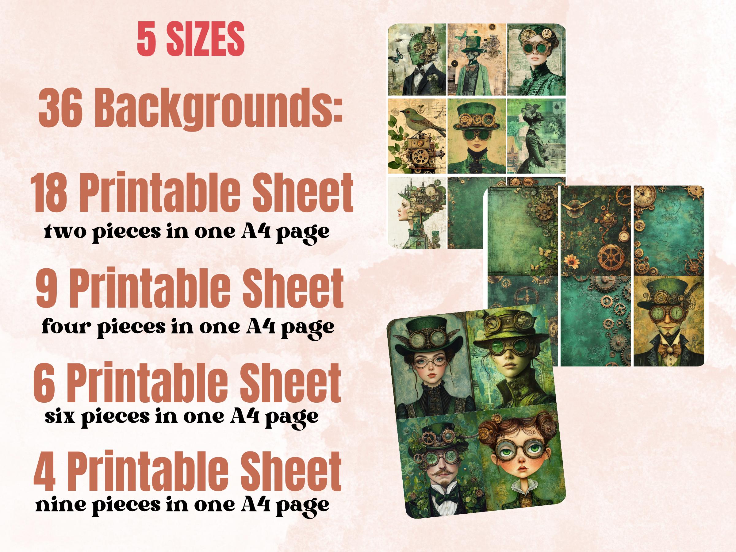 Whimsy Green Steampunk Collage Paper, Surreal Steampunk Mixed Media Sheet, Whimsical Ephemera Images, Quirky Journal, Green Scrapbook Paper