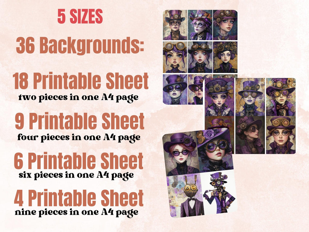 Whimsy Purple Steampunk Collage Paper, Surreal Steampunk Mixed Media Sheet, Whimsical Ephemera Images, Quirky Journal, Lilac Scrapbook Paper