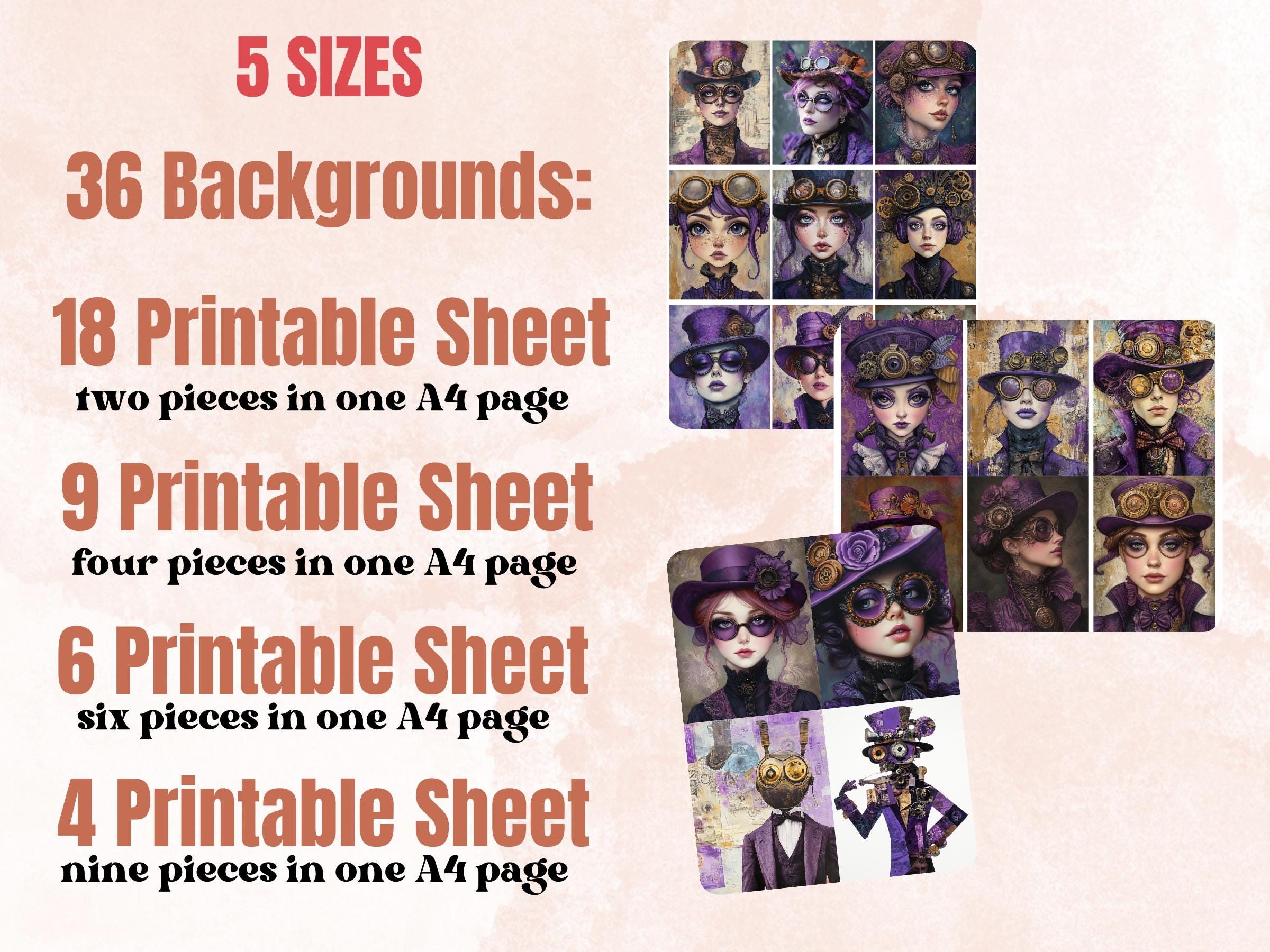 Whimsy Purple Steampunk Collage Paper, Surreal Steampunk Mixed Media Sheet, Whimsical Ephemera Images, Quirky Journal, Lilac Scrapbook Paper