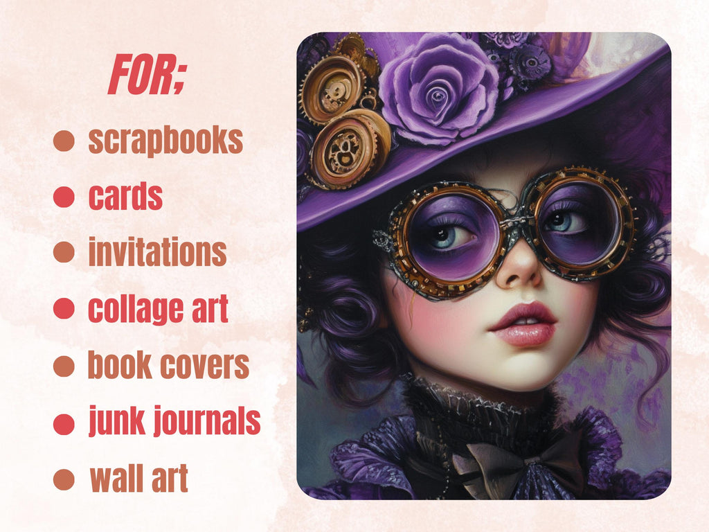 Whimsy Purple Steampunk Collage Paper, Surreal Steampunk Mixed Media Sheet, Whimsical Ephemera Images, Quirky Journal, Lilac Scrapbook Paper