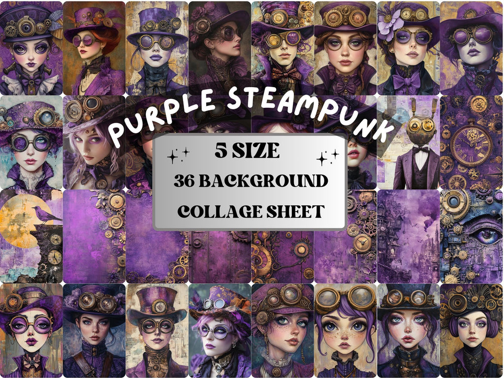 Whimsy Purple Steampunk Collage Paper, Surreal Steampunk Mixed Media Sheet, Whimsical Ephemera Images, Quirky Journal, Lilac Scrapbook Paper