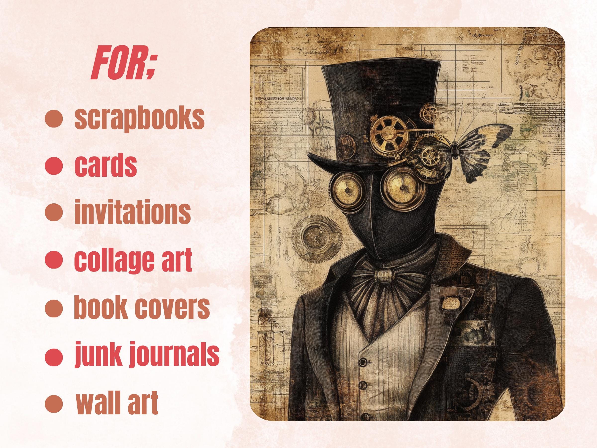 Whimsy Black Steampunk Collage Paper, Surreal Steampunk Mixed Media Sheet, Whimsical Ephemera Images, Fantasy Journal, Dark Scrapbook Paper
