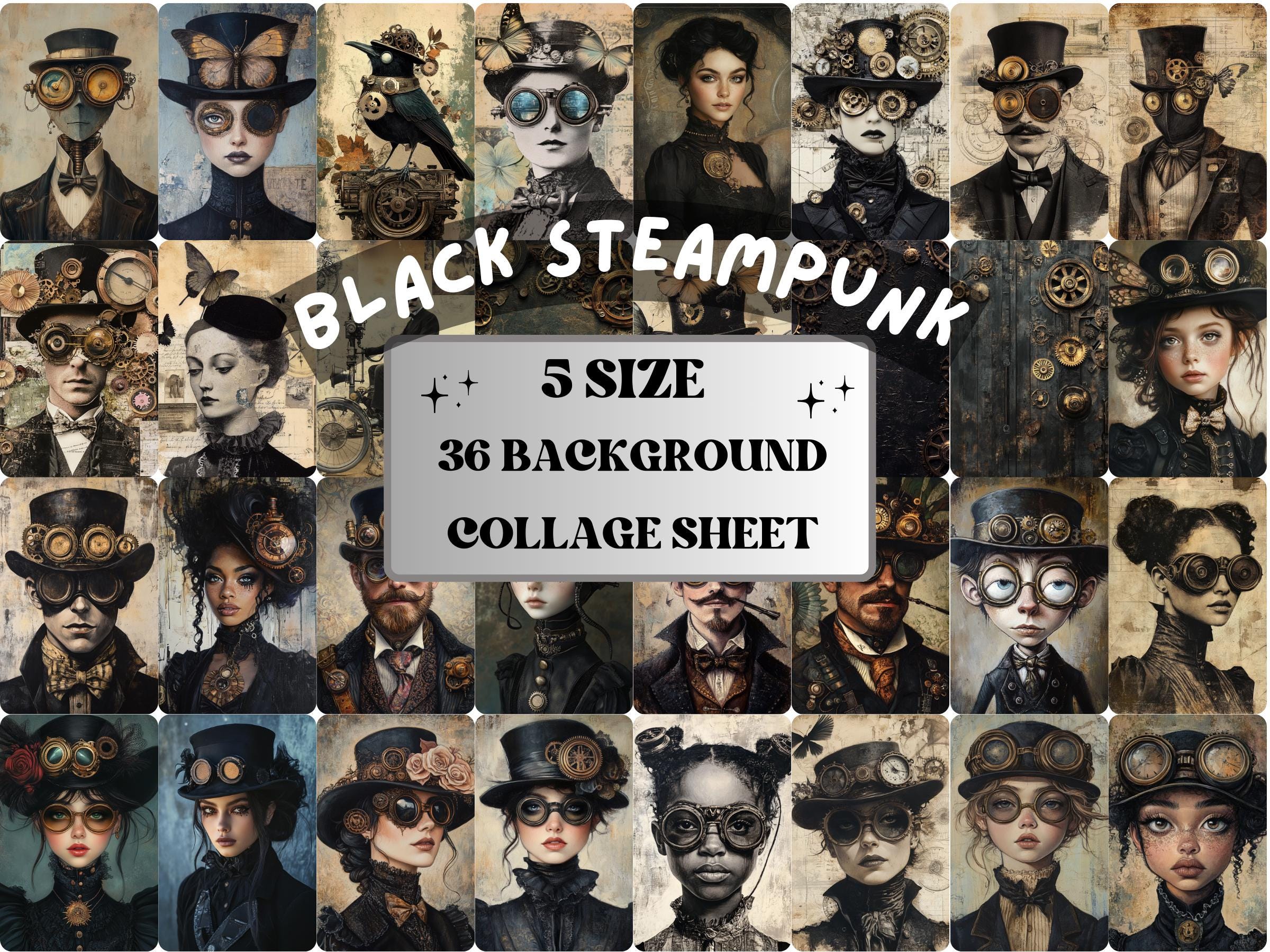Whimsy Black Steampunk Collage Paper, Surreal Steampunk Mixed Media Sheet, Whimsical Ephemera Images, Fantasy Journal, Dark Scrapbook Paper