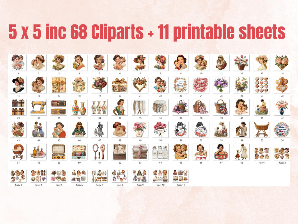 Whimsy Mother's Day Collage Ephemera, Whimsical Mother Fussy Cut, Quirky Vintage Mother's Day Clipart, Mom Junk Journal, Clipart Background