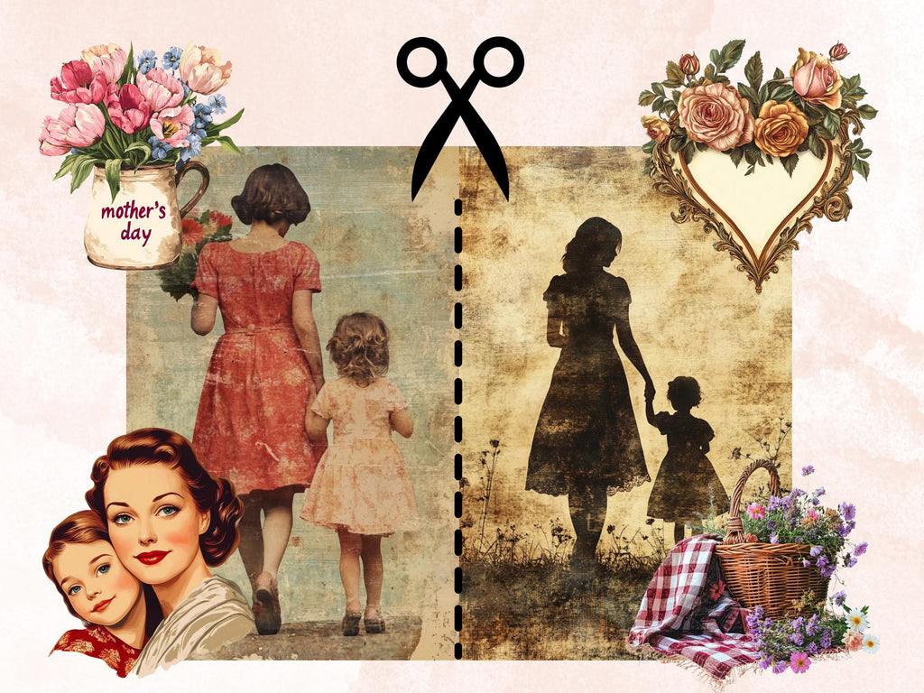 Whimsy Mother's Day Collage Ephemera, Whimsical Mother Fussy Cut, Quirky Vintage Mother's Day Clipart, Mom Junk Journal, Clipart Background