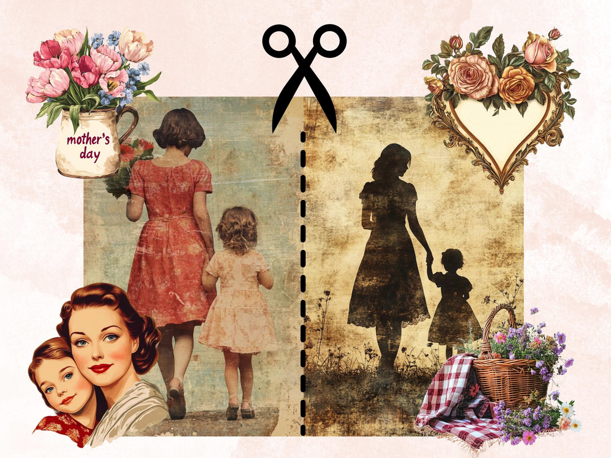Whimsy Mother's Day Collage Ephemera, Whimsical Mother Fussy Cut, Quirky Vintage Mother's Day Clipart, Mom Junk Journal, Clipart Background