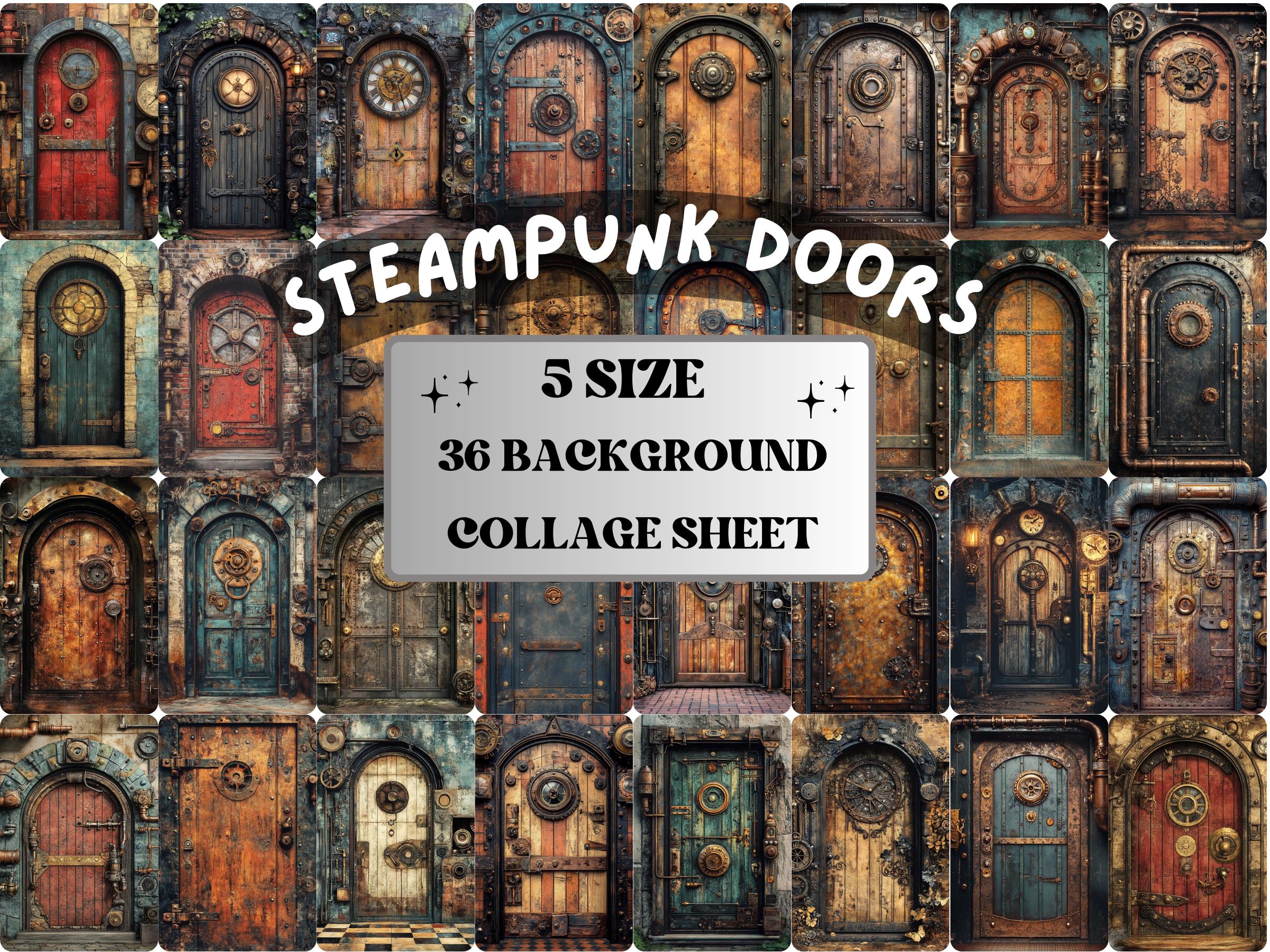 Steampunk Door Collage Paper, Surreal Steampunk Mixed Media Sheet, Industrial Door Background, Whimsical Ephemera Images, Journal, Scrapbook
