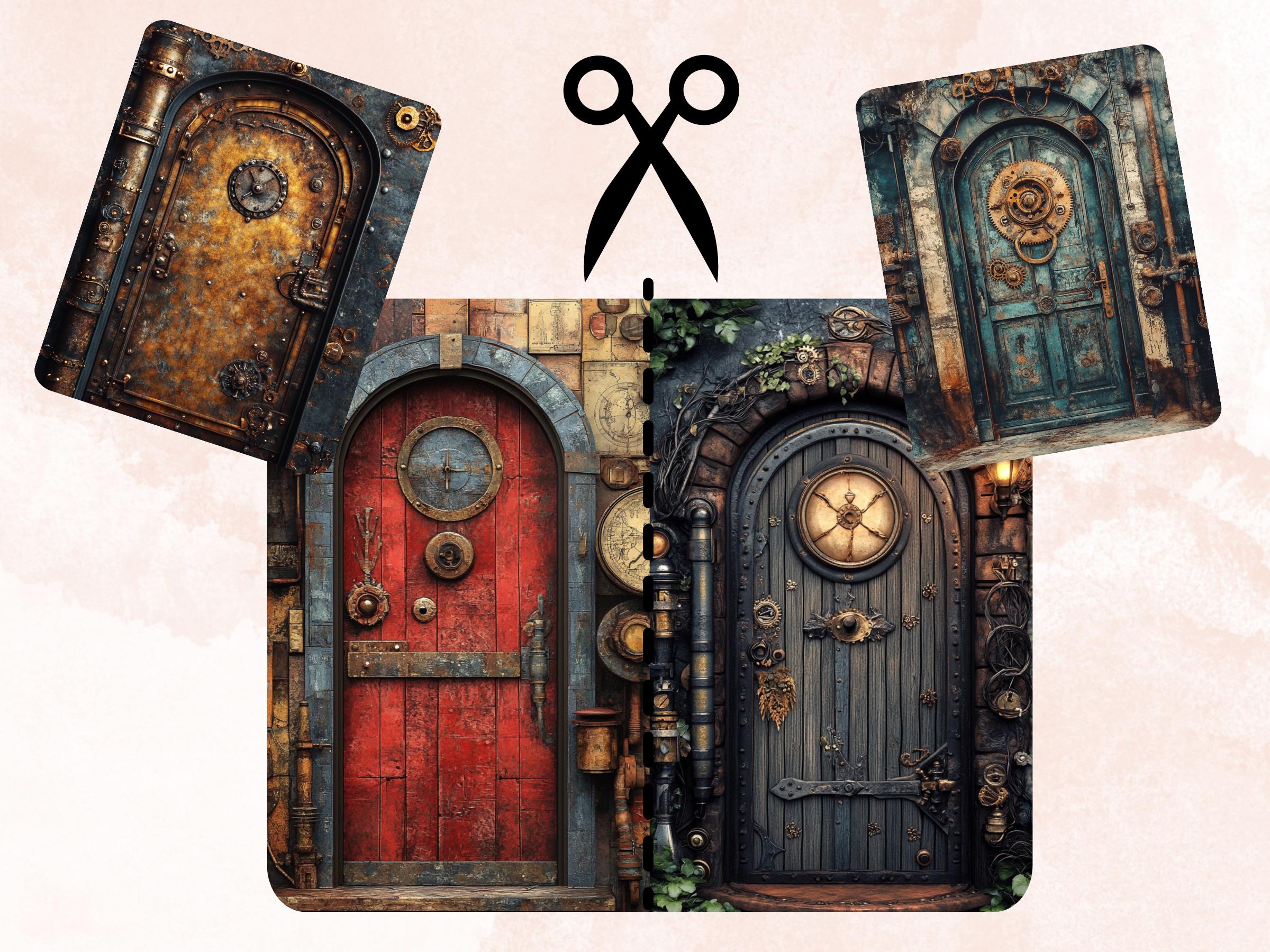 Steampunk Door Collage Paper, Surreal Steampunk Mixed Media Sheet, Industrial Door Background, Whimsical Ephemera Images, Journal, Scrapbook