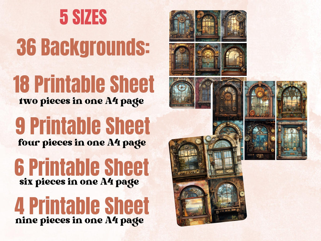 Steampunk Windows Collage Paper, Surreal Steampunk Mixed Media Sheet, Industrial Window Background, Whimsical Ephemera, Journal, Scrapbook