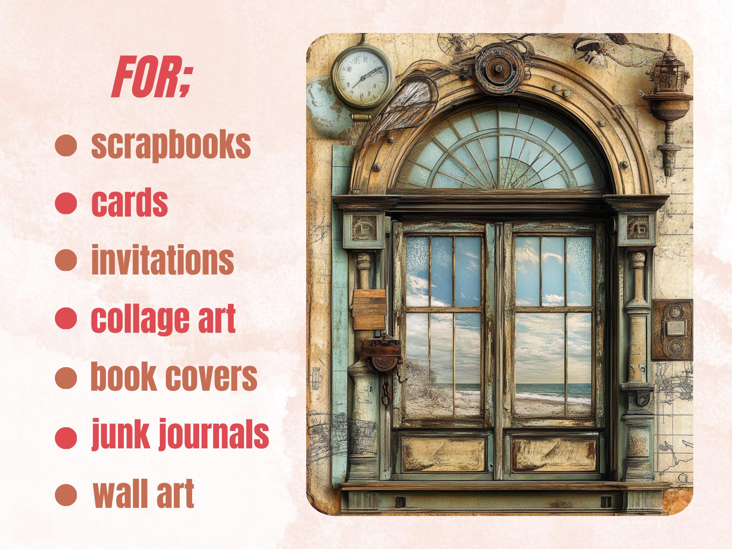 Steampunk Windows Collage Paper, Surreal Steampunk Mixed Media Sheet, Industrial Window Background, Whimsical Ephemera, Journal, Scrapbook